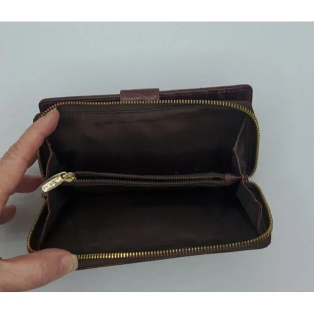 Valentina Genuine Embossed Floral Pattern Design Dark Red Leather Wallet Italy